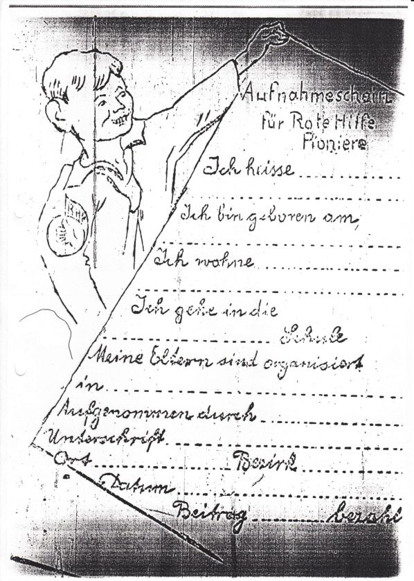 Aufnahmeschein für Rote-Hilfe-Pioniere um 1932